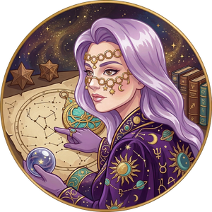 Circular portrait of Ali dressed as a mystic astrologist, gazing thoughtfully to the side. She wears an intricate gold chain mask adorned with stars and moons, and a deep purple gown heavily embellished with golden celestial and astrological symbols. Her signature lavender hair cascades over her shoulders. Wearing purple gloves, she holds a glowing crystal ball in one hand while pointing at a star map constellation with the other. A golden astrolabe, mystical tomes, and geometric star shapes lie behind her against a starry night sky. The portrait is framed by a gold circle.